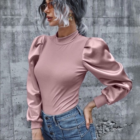 Tops - Ribbed Long Sleeve Puff Top- PINK
